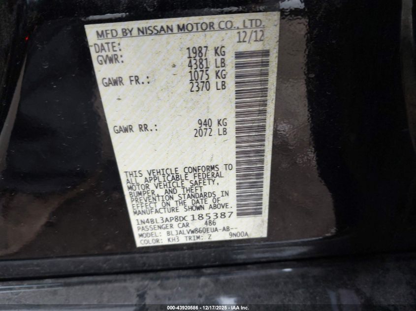 2013 Nissan Altima 3.5 Sl VIN: 1N4BL3AP8DC185387 Lot: 43920586