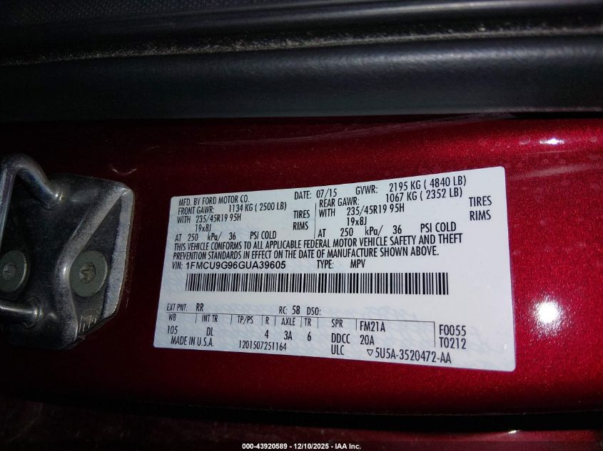 2016 Ford Escape Se VIN: 1FMCU9G96GUA39605 Lot: 43920589