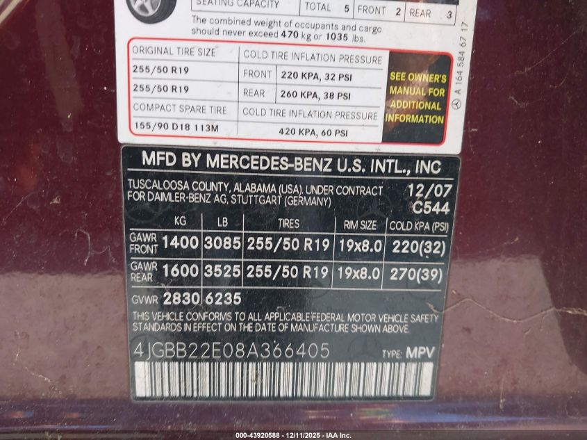 2008 Mercedes-Benz Ml 320 Cdi 4Matic VIN: 4JGBB22E08A366405 Lot: 43920588