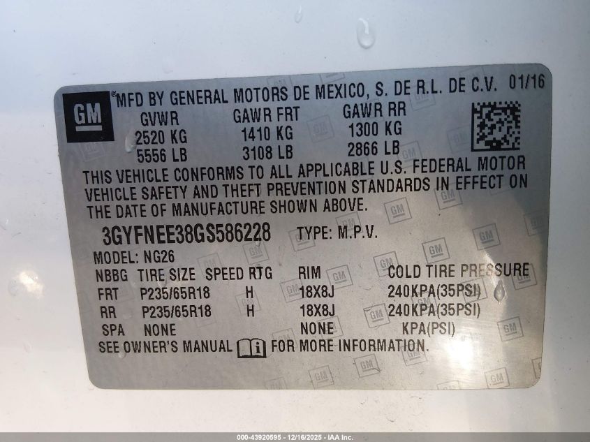 2016 Cadillac Srx Luxury Collection VIN: 3GYFNEE38GS586228 Lot: 43920595