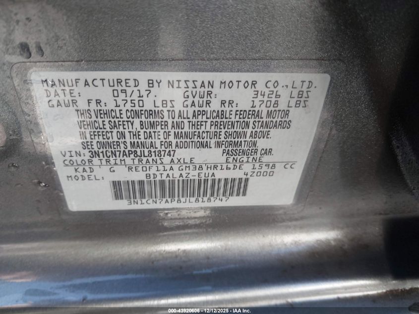 2018 Nissan Versa 1.6 S+ VIN: 3N1CN7AP8JL818747 Lot: 43920606