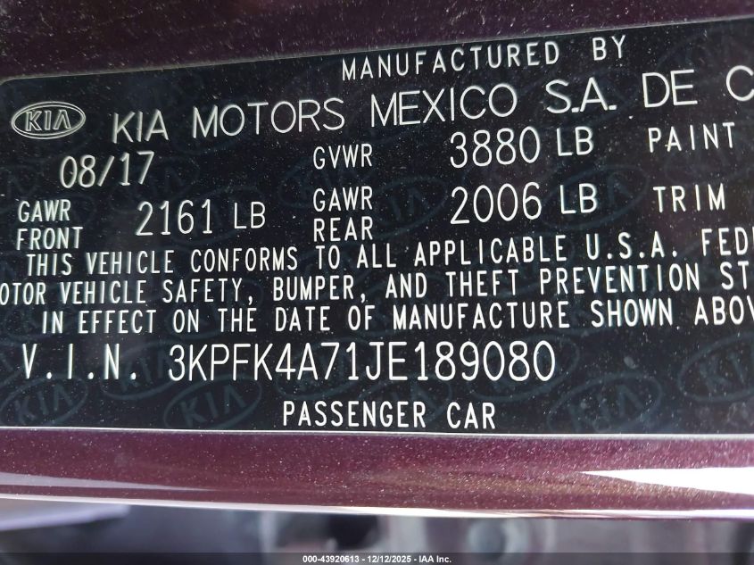2018 Kia Forte Lx VIN: 3KPFK4A71JE189080 Lot: 43920613