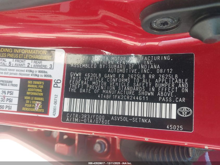 2012 Toyota Camry Le VIN: 4T4BF1FK2CR244611 Lot: 43920617