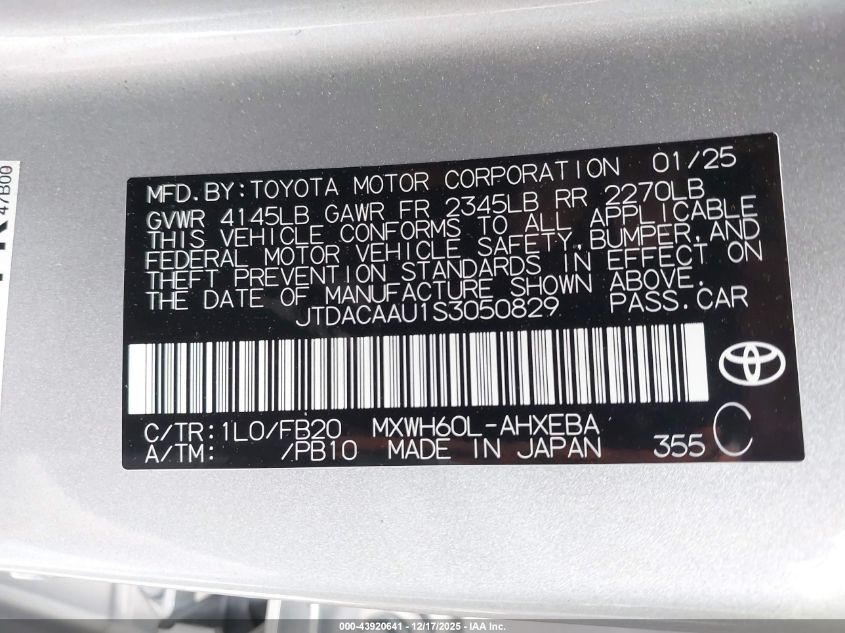 2025 Toyota Prius Le VIN: JTDACAAU1S3050829 Lot: 43920641