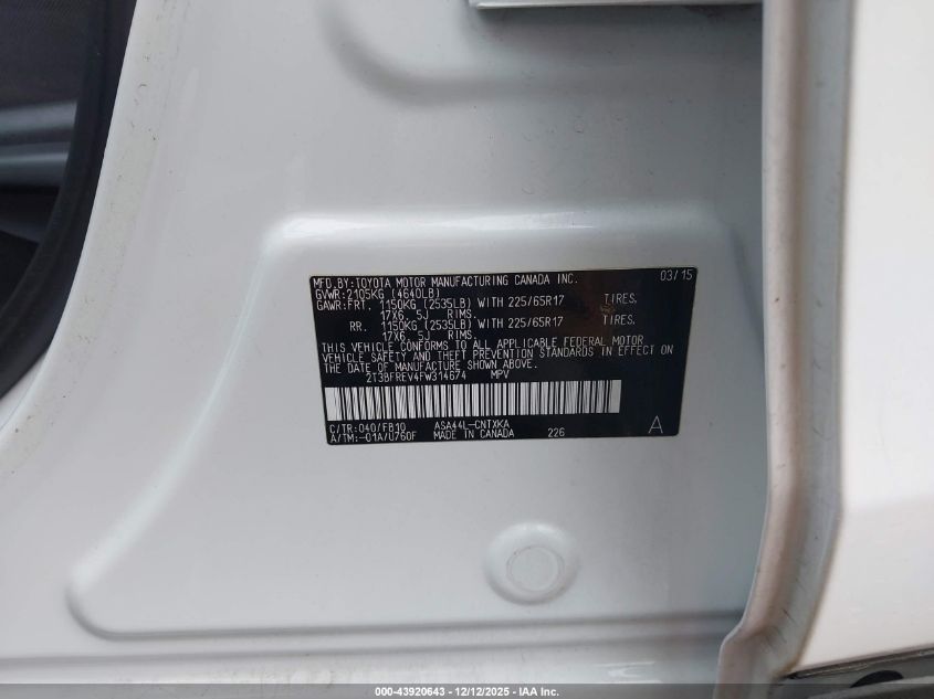 2015 Toyota Rav4 Le VIN: 2T3BFREV4FW314674 Lot: 43920643