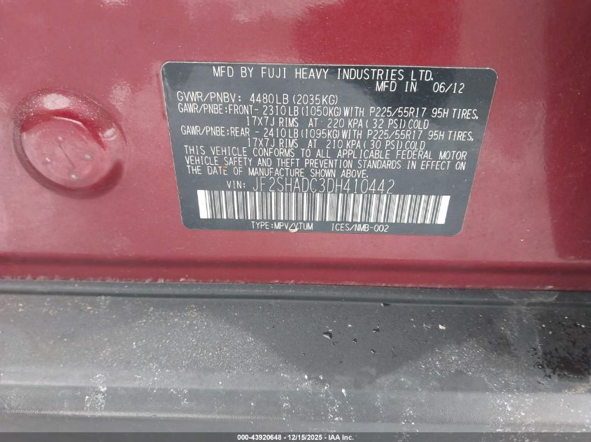 2013 Subaru Forester 2.5X Premium VIN: JF2SHADC3DH410442 Lot: 43920648