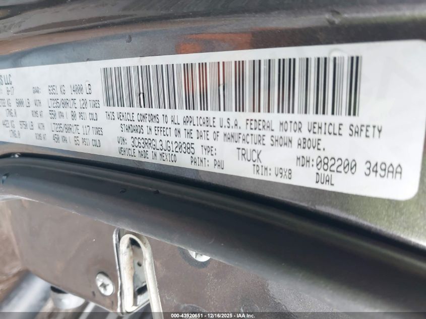 2018 Ram 3500 Tradesman 4X4 8' Box VIN: 3C63RRGL3JG120385 Lot: 43920651