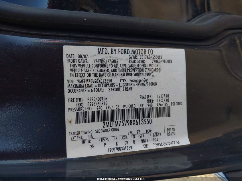 2008 Mercury Grand Marquis Ls VIN: 2MEFM75V98X613550 Lot: 43920654