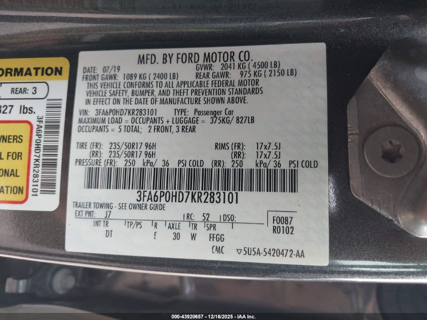 2019 Ford Fusion Se VIN: 3FA6P0HD7KR283101 Lot: 43920657