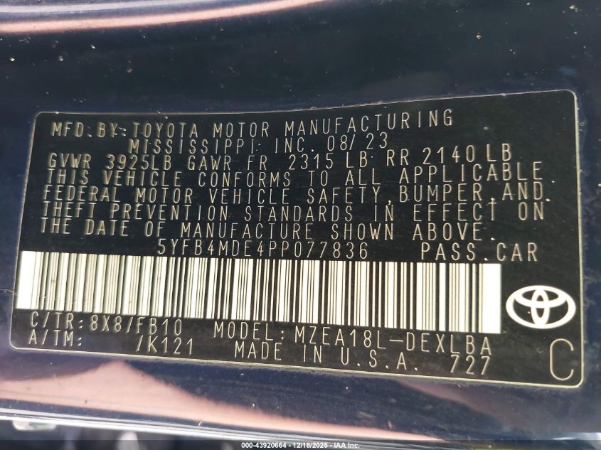 2023 Toyota Corolla Le VIN: 5YFB4MDE4PP077836 Lot: 43920664