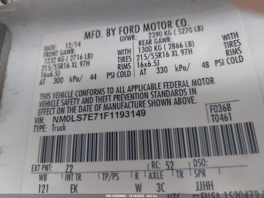 2015 Ford Transit Connect Xl VIN: NM0LS7E71F1193149 Lot: 43920665