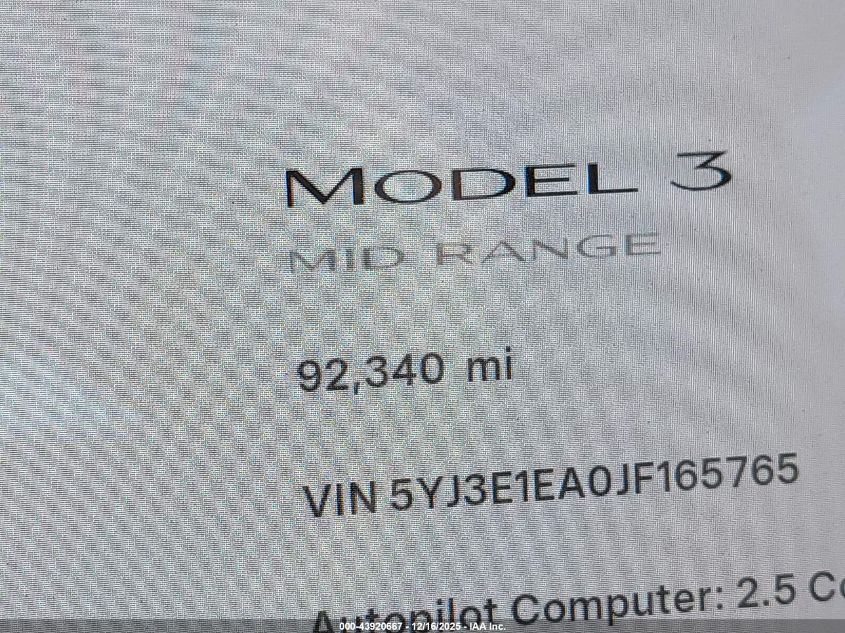 2018 Tesla Model 3 Long Range/Mid Range VIN: 5YJ3E1EA0JF165765 Lot: 43920667