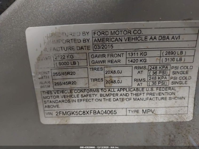 2015 Ford Flex Sel VIN: 2FMGK5C8XFBA04065 Lot: 43920666