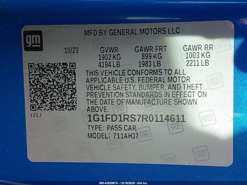 2024 Chevrolet Camaro Rwd 2Lt VIN: 1G1FD1RS7R0114611 Lot: 43920674