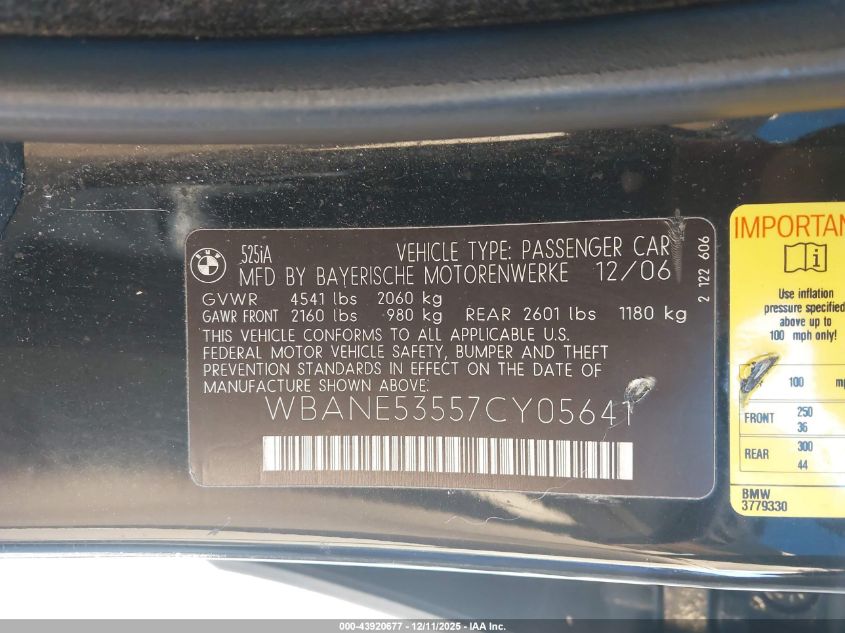 2007 BMW 525I VIN: WBANE53557CY05641 Lot: 43920677