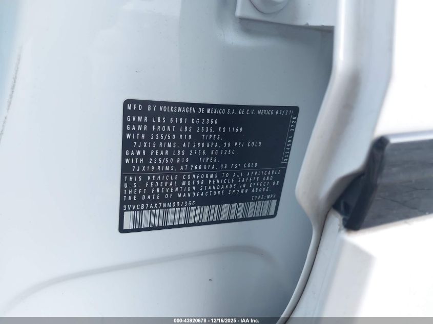 2022 Volkswagen Tiguan 2.0T Se R-Line Black VIN: 3VVCB7AX7NM007366 Lot: 43920678