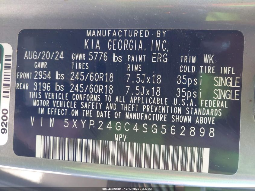 2025 Kia Telluride Lx VIN: 5XYP24GC4SG562898 Lot: 43920681