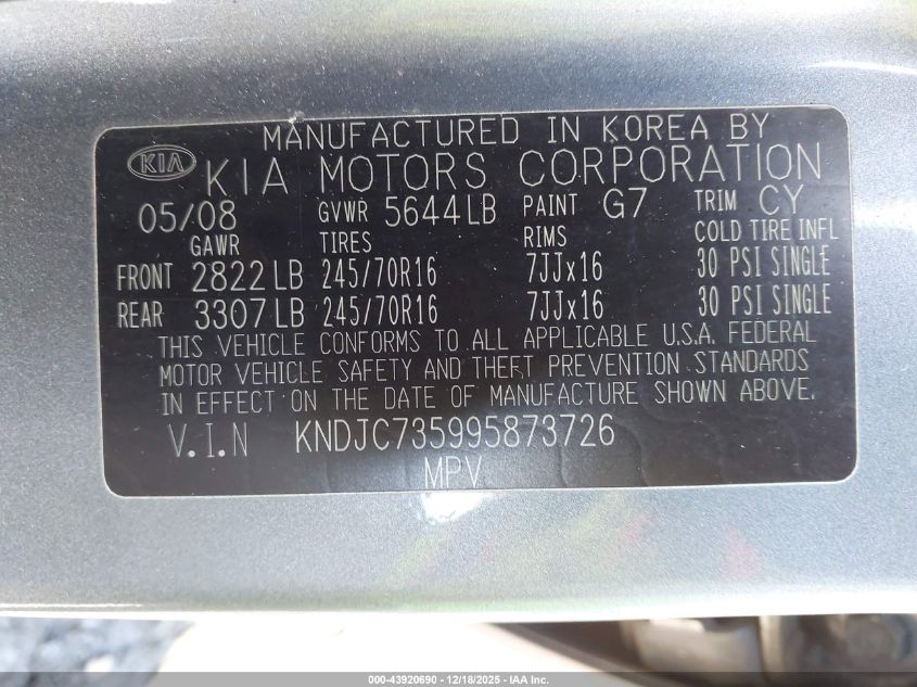 2009 Kia Sorento Lx VIN: KNDJC735995873726 Lot: 43920690