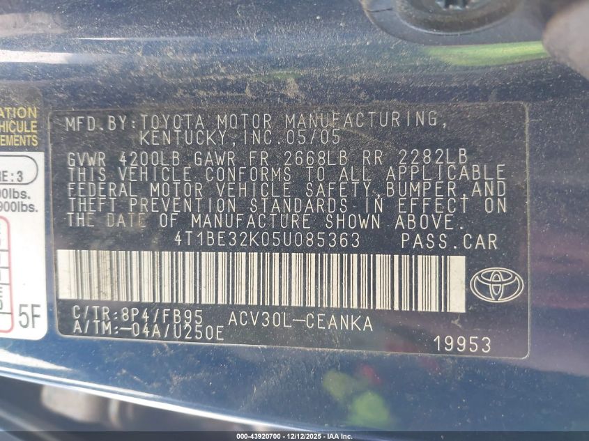 2005 Toyota Camry Le VIN: 4T1BE32K05U085363 Lot: 43920700