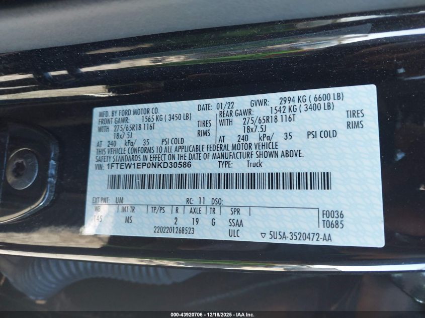 2022 Ford F-150 Xlt VIN: 1FTEW1EP0NKD30586 Lot: 43920706