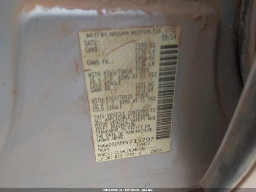 2015 Nissan Frontier Desert Runner/S/Sl/Sv VIN: 1N6AD0ER9FN715707 Lot: 43920708