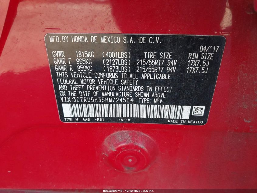 2017 Honda Hr-V Lx VIN: 3CZRU5H35HM724504 Lot: 43920710