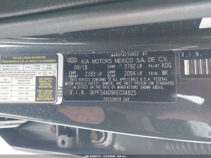 2019 Kia Forte Ex VIN: 3KPF54AD9KE034825 Lot: 43920712