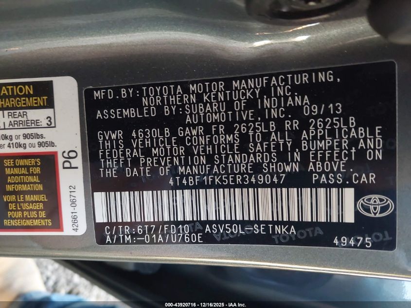 2014 Toyota Camry Le VIN: 4T4BF1FK5ER349047 Lot: 43920716