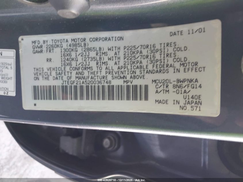 2002 Toyota Highlander V6 VIN: JTEGF21A520036748 Lot: 43920718