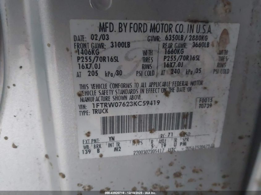2003 Ford F-150 Lariat/Xlt VIN: 1FTRW07623KC59419 Lot: 43920719