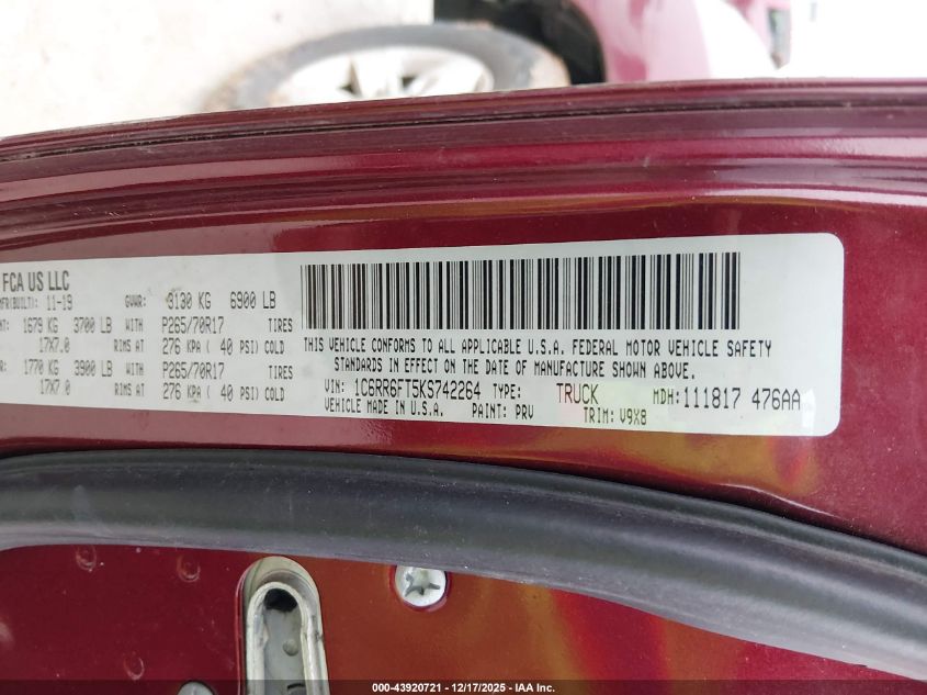 2019 Ram 1500 Classic Tradesman 4X2 6'4 Box VIN: 1C6RR6FT5KS742264 Lot: 43920721