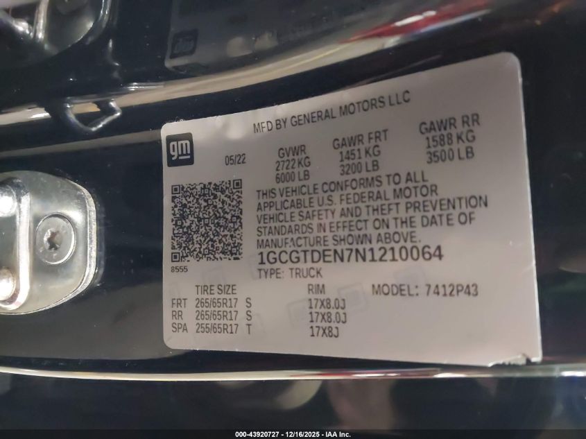 2022 Chevrolet Colorado 4Wd Short Box Z71 VIN: 1GCGTDEN7N1210064 Lot: 43920727