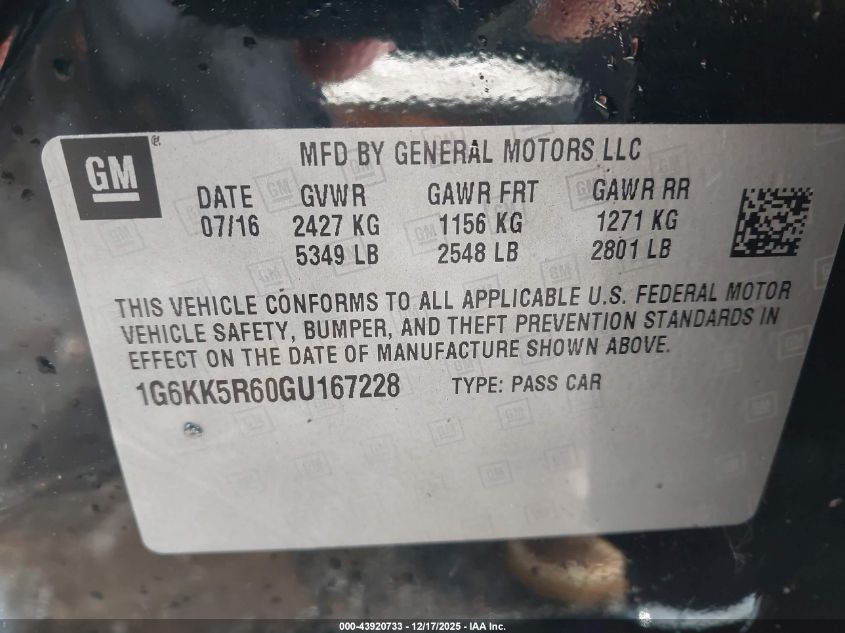 2016 Cadillac Ct6 Platinum VIN: 1G6KK5R60GU167228 Lot: 43920733