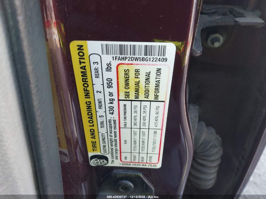 2011 Ford Taurus Se VIN: 1FAHP2DW5BG122409 Lot: 43920737