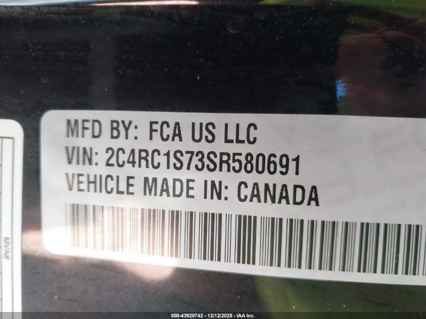 2025 Chrysler Pacifica Hybrid Select VIN: 2C4RC1S73SR580691 Lot: 43920742