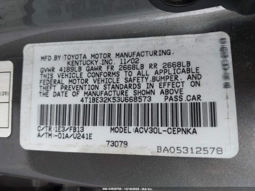 2003 Toyota Camry Le VIN: 4T1BE32K53U668573 Lot: 43920755