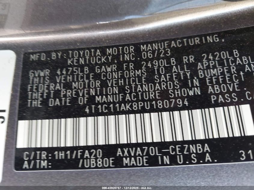 2023 Toyota Camry Le VIN: 4T1C11AK8PU180794 Lot: 43920757