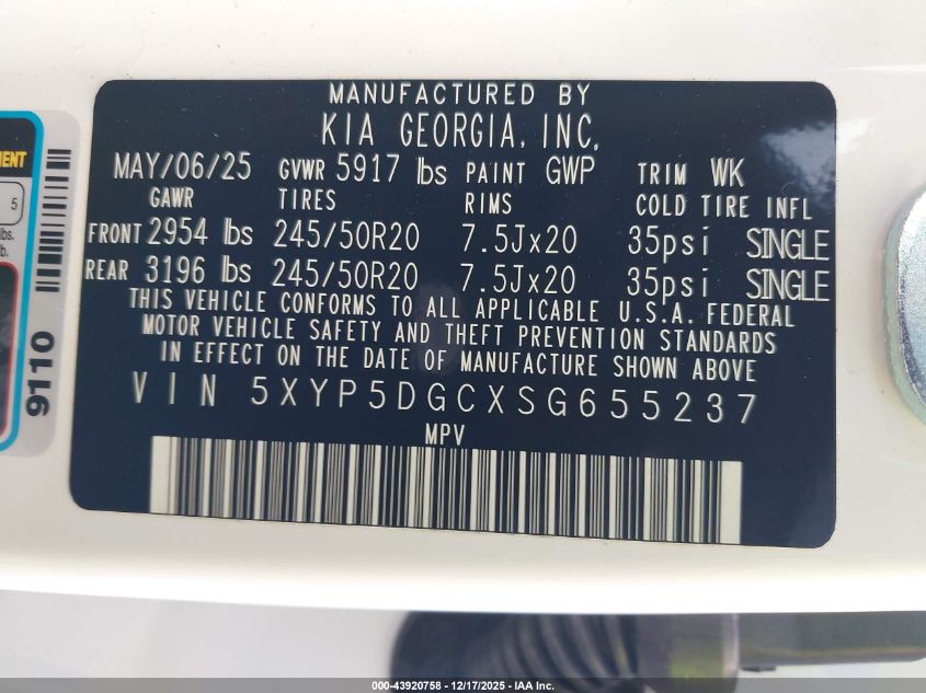 2025 Kia Telluride Sx Prestige X-Line VIN: 5XYP5DGCXSG655237 Lot: 43920758