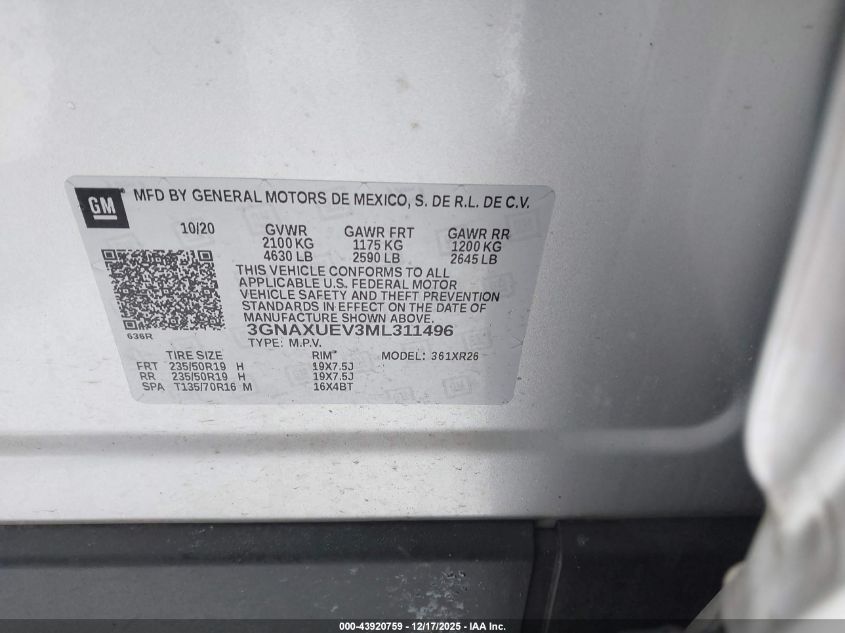 2021 Chevrolet Equinox Awd Lt VIN: 3GNAXUEV3ML311496 Lot: 43920759