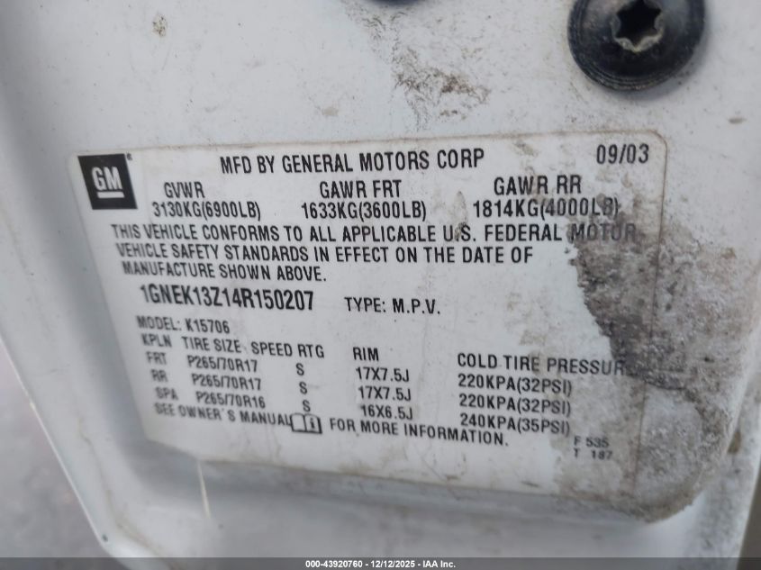 2004 Chevrolet Tahoe Lt VIN: 1GNEK13Z14R150207 Lot: 43920760