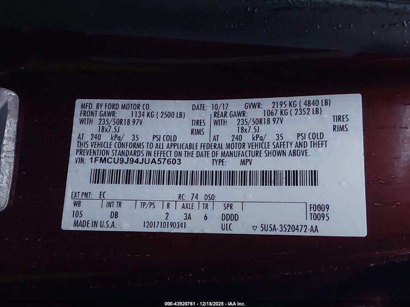 2018 Ford Escape Titanium VIN: 1FMCU9J94JUA57603 Lot: 43920761