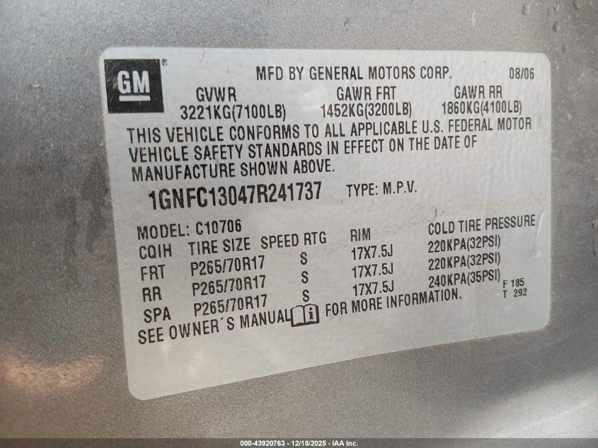 2007 Chevrolet Tahoe Ls VIN: 1GNFC13047R241737 Lot: 43920763