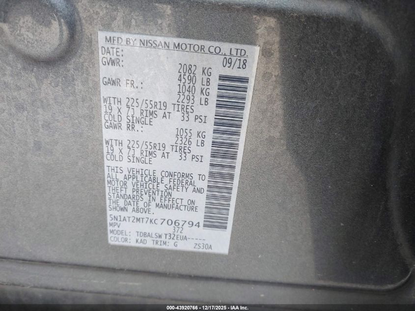 2019 Nissan Rogue Sl VIN: 5N1AT2MT7KC706794 Lot: 43920766