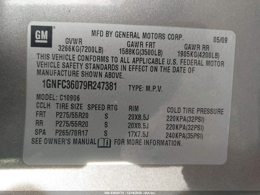 2009 Chevrolet Suburban 1500 Ltz VIN: 1GNFC36079R247381 Lot: 43920770