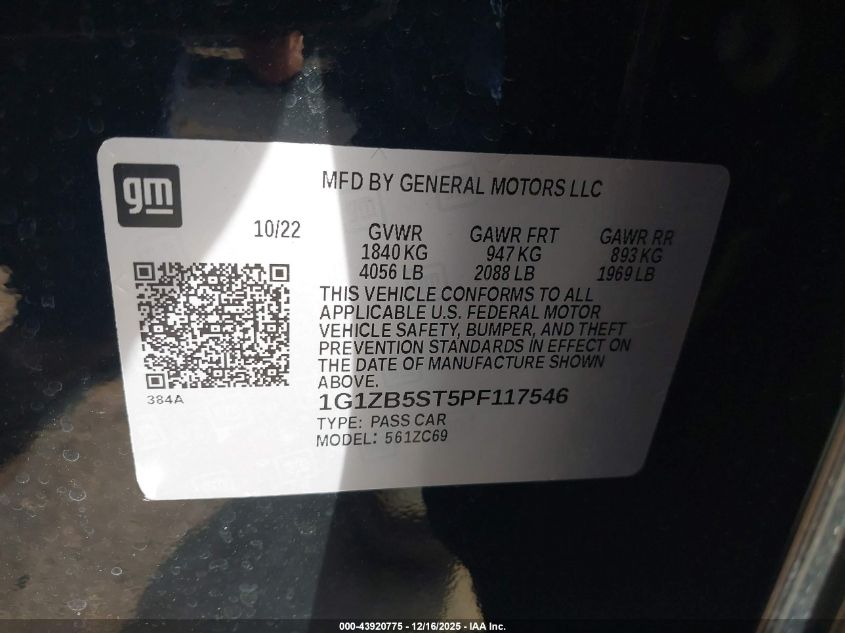 2023 Chevrolet Malibu Fwd Ls VIN: 1G1ZB5ST5PF117546 Lot: 43920775