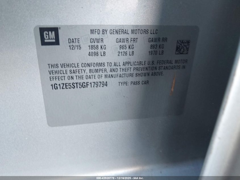 2016 Chevrolet Malibu 1Lt VIN: 1G1ZE5ST5GF179794 Lot: 43920778
