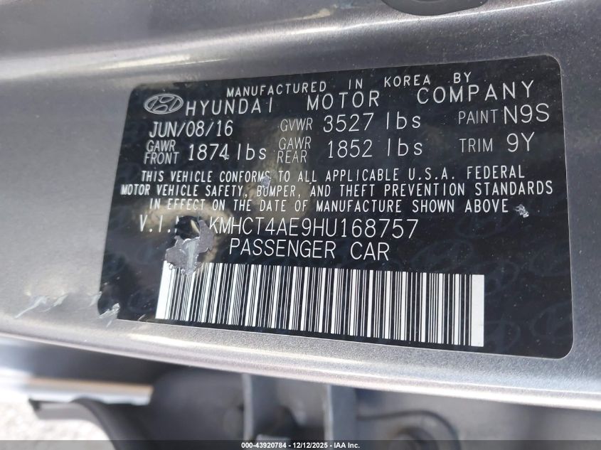 2017 Hyundai Accent Se VIN: KMHCT4AE9HU168757 Lot: 43920784