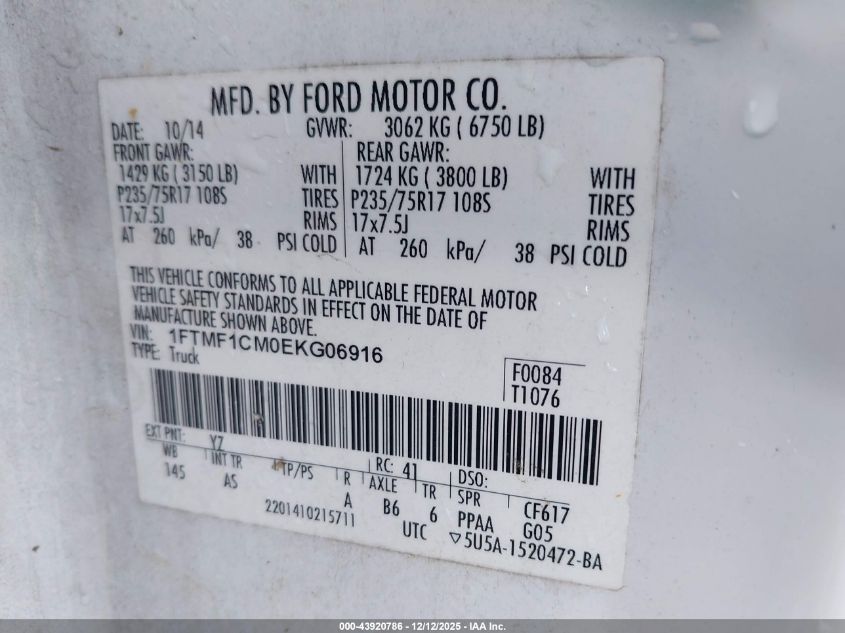 2014 Ford F-150 Xl VIN: 1FTMF1CM0EKG06916 Lot: 43920786