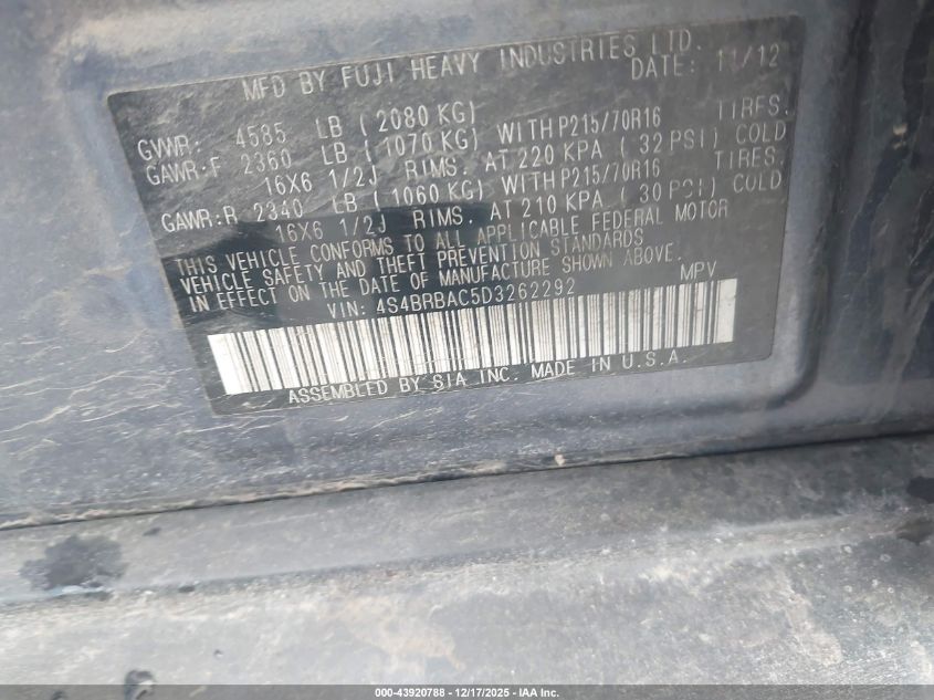 2013 Subaru Outback 2.5I VIN: 4S4BRBAC5D3262292 Lot: 43920788