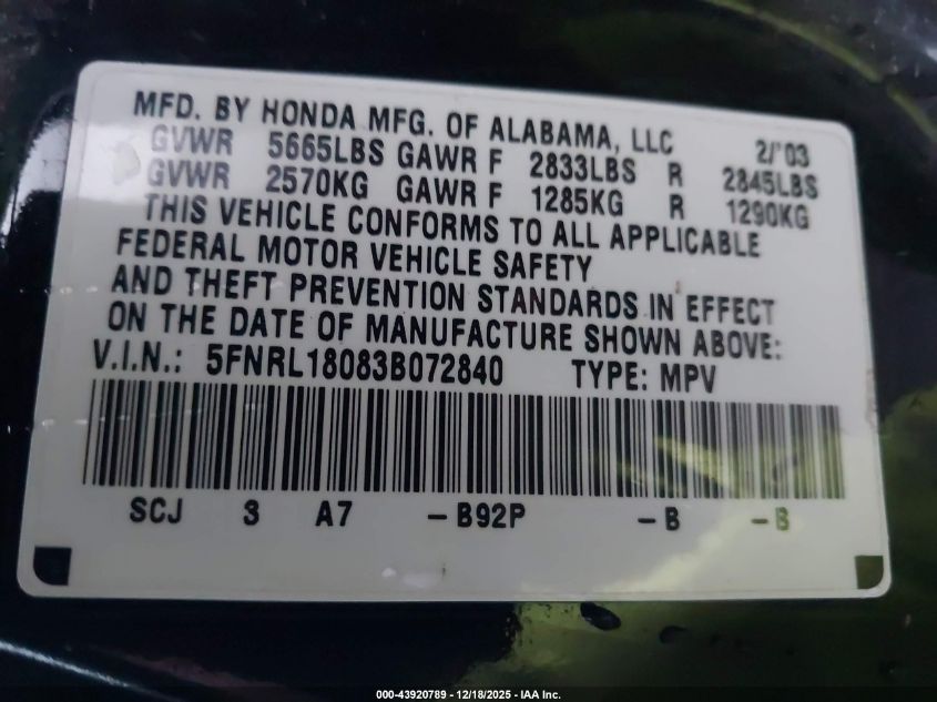 2003 Honda Odyssey Ex-L VIN: 5FNRL18083B072840 Lot: 43920789